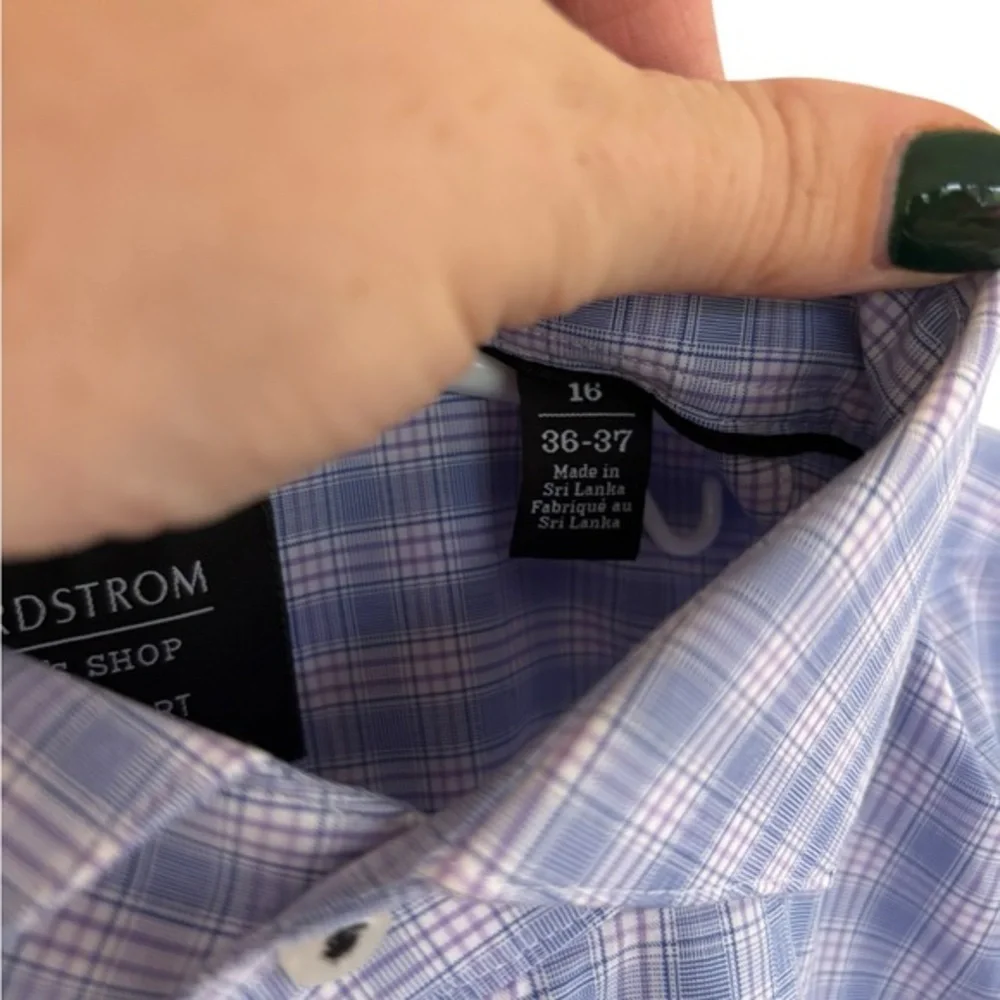 Nordstrom Men's‎ Shop Trim Fit Blue Button Down LS Blue Plaid Size 36-37 16 Neck